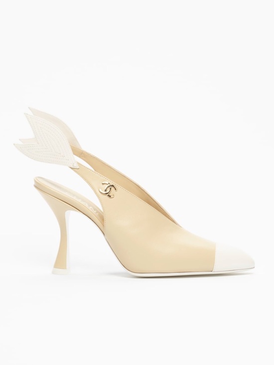 CHANEL Shoes - CHANEL Beige and White Wingback Slingback Pumps